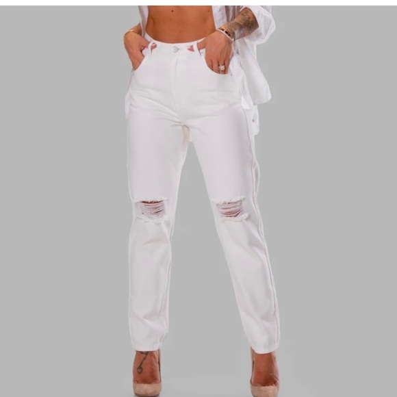 ByEgreis Arlene Mom Jeans Straight White Distressed NWT - Picture 1 of 5